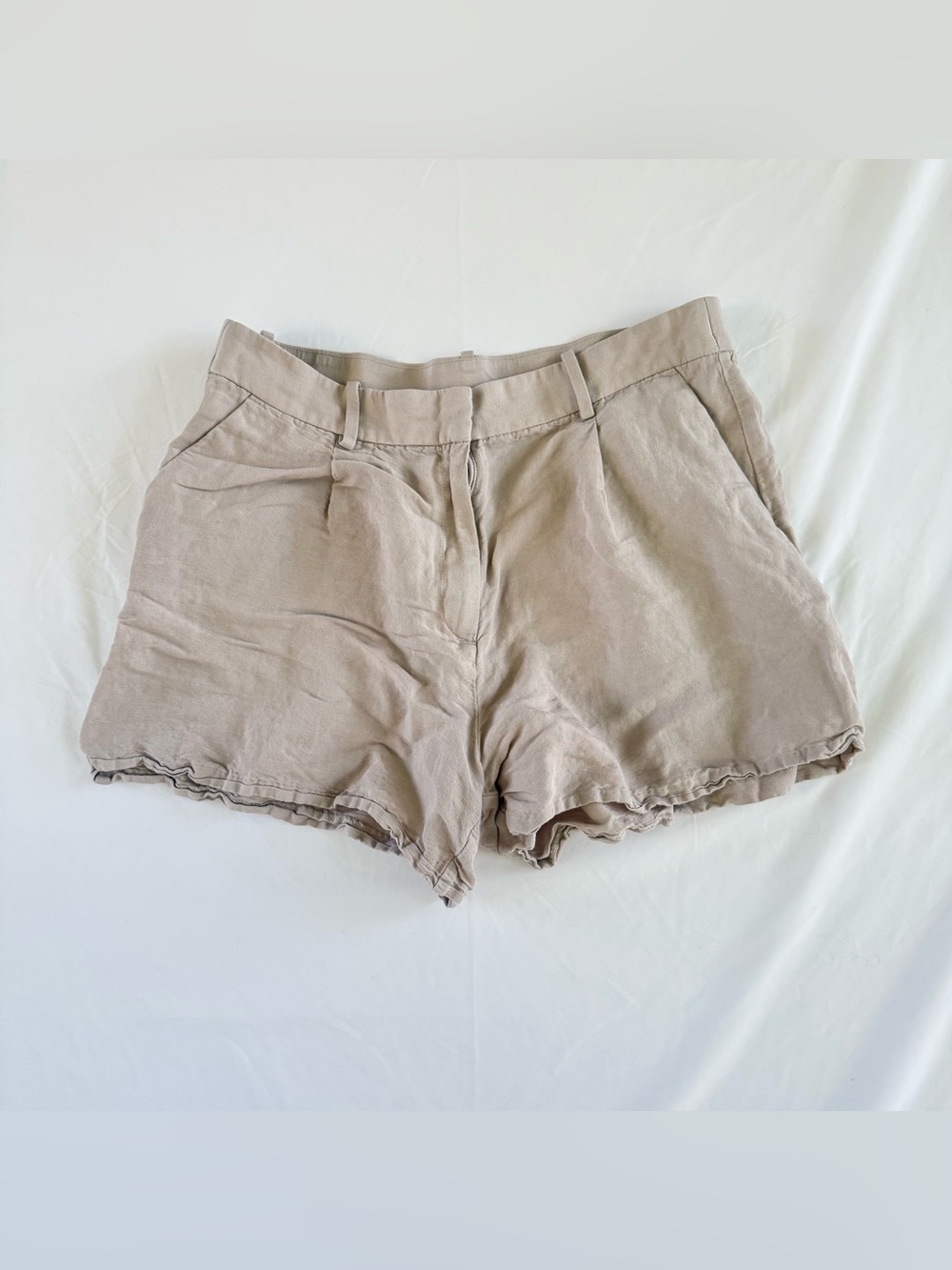 Linen Blend Beige Shorts H&M High Waist Womens 14 Casual Summer